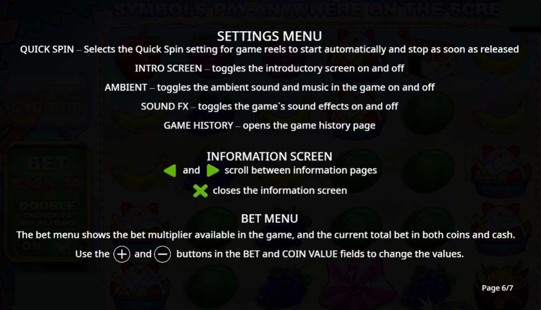 Oishii Bonanza slot game settings and bet menu